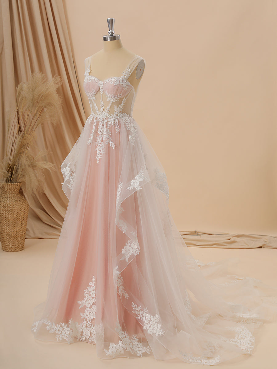 Wedding Dresses Collection, A-line Tulle Straps Appliques Lace Chapel Train Corset Wedding Dress