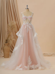 Wed Dresses Vintage, A-line Tulle Straps Appliques Lace Chapel Train Corset Wedding Dress