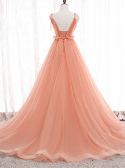 Wedding Dress Styles, A-line Tulle Straps Low Back Long Wedding Party Dress, Pink Tulle Long Prom Dress