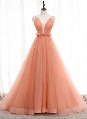 Wedding Dresses Lace, A-line Tulle Straps Low Back Long Wedding Party Dress, Pink Tulle Long Prom Dress