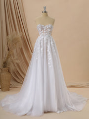 Wedding Dress For, A-line Tulle Sweetheart Appliques Lace Cathedral Train Corset Wedding Dress