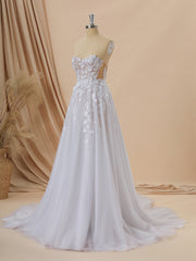 Wedding Dresses Idea, A-line Tulle Sweetheart Appliques Lace Cathedral Train Corset Wedding Dress