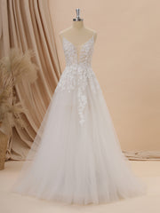 Wedding Dresses Spring, A-line Tulle V-neck Appliques Lace Chapel Train Wedding Dress