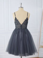 Prom Dress Long Quinceanera Dresses Tulle Formal Evening Gowns, A-line Tulle V-neck Beading Short/Mini Dress