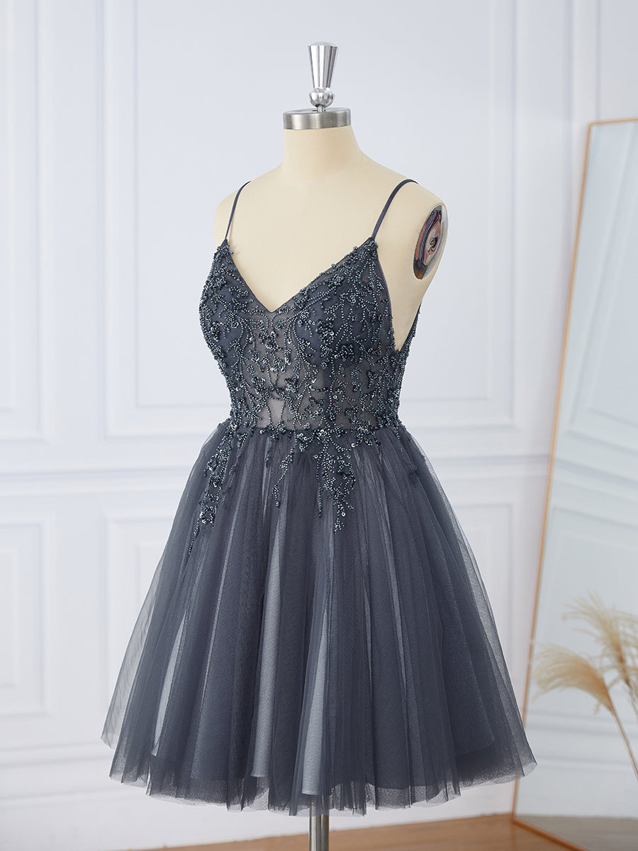 Prom Dresse Backless, A-line Tulle V-neck Beading Short/Mini Dress