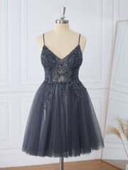 Prom Dress Off The Shoulder, A-line Tulle V-neck Beading Short/Mini Dress