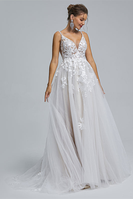 Wedding Dress Dress, A-Line Tulle V-Neck Lace Beaded Flower Wedding Dresses