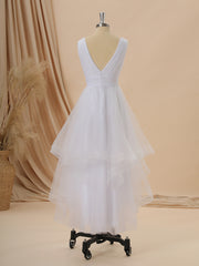 Wedding Dresses For Fall Weddings, A-line Tulle V-neck Pleated Asymmetrical Wedding Dress