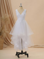 Wedding Dress Ballgown, A-line Tulle V-neck Pleated Asymmetrical Wedding Dress