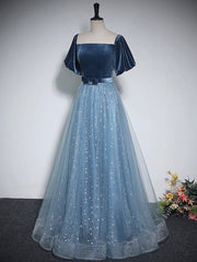 Formal Dresses Style, A-Line Tulle Velvet Blue Long Prom Dress, Blue Tulle Formal Dress