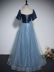 Formal Dresses With Sleeves, A-Line Tulle Velvet Blue Long Prom Dress, Blue Tulle Formal Dress