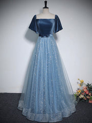 Formal Dress Styles, A-Line Tulle Velvet Blue Long Prom Dress, Blue Tulle Formal Dress