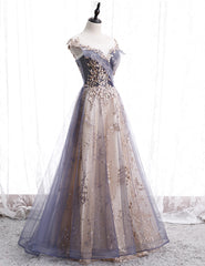 Party Dress Style Shop, A-line Tulle with Lace Applique Party Dress, Tulle Long Prom Dress