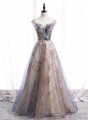 Party Dress Fancy, A-line Tulle with Lace Applique Party Dress, Tulle Long Prom Dress