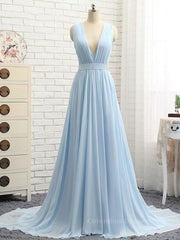 Prom Dress Boho, A Line V Neck and V Back Sky Blue Chiffon Long Prom Dresses, V Neck Blue Formal Dresses, Blue Evening Dresses