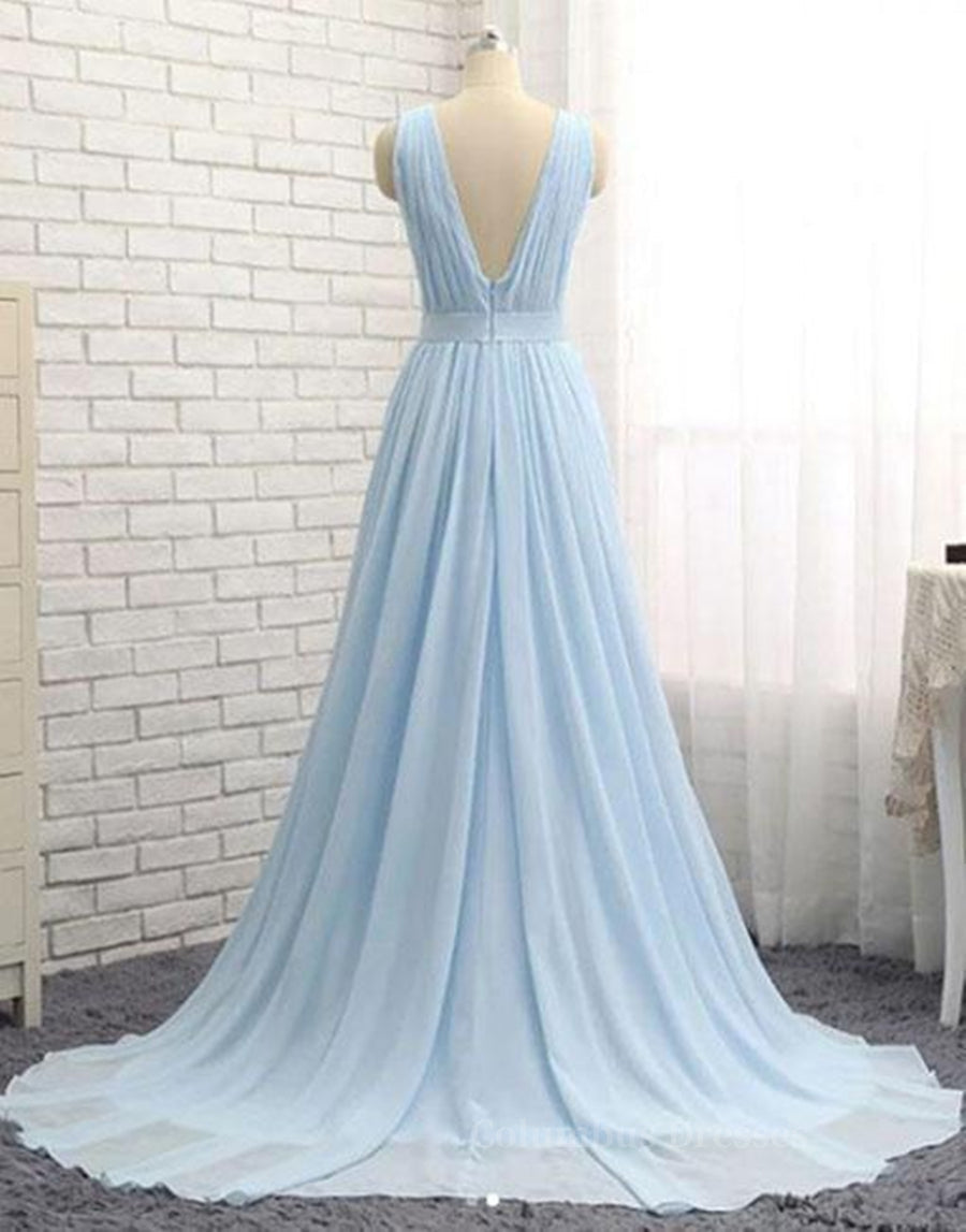 Prom Dress Outfits, A Line V Neck and V Back Sky Blue Chiffon Long Prom Dresses, V Neck Blue Formal Dresses, Blue Evening Dresses