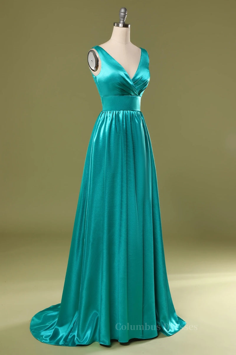 Evening Dresses Elegant, A Line V Neck and V Back Turquoise Long Prom Dress with Slit, Turquoise Formal Graduation Evening Dress