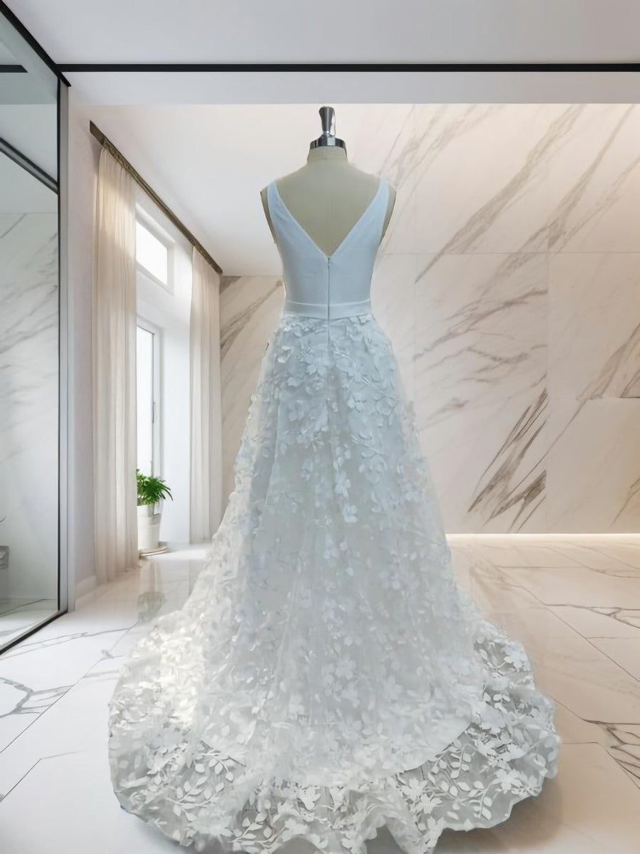 Wedding Dresses Winter, A-line V-neck Applique Sweep Train Stretch Crepe Wedding Dress