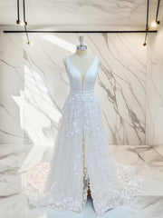 Wedding Dress Winter, A-line V-neck Applique Sweep Train Stretch Crepe Wedding Dress