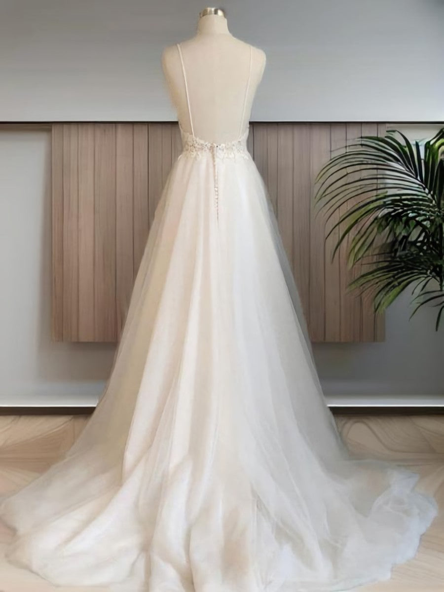 Wedding Dress Boutique, A-line V-neck Applique Sweep Train Tulle Wedding Dress