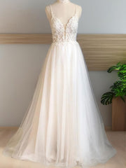 Wedding Dresses Boutique, A-line V-neck Applique Sweep Train Tulle Wedding Dress