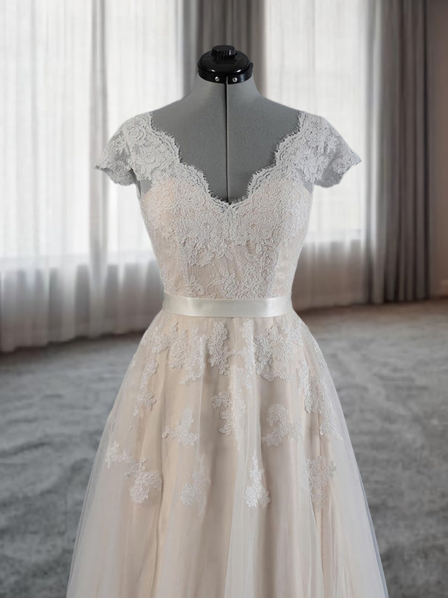 Wedding Dressed Lace, A-line V-neck Appliques Lace Floor-Length Lace Wedding Dress