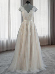 Wed Dress Lace, A-line V-neck Appliques Lace Floor-Length Lace Wedding Dress