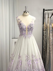 Bridesmaide Dress Colors, A-line V-neck Appliques Lace Floor-Length Tulle Dress