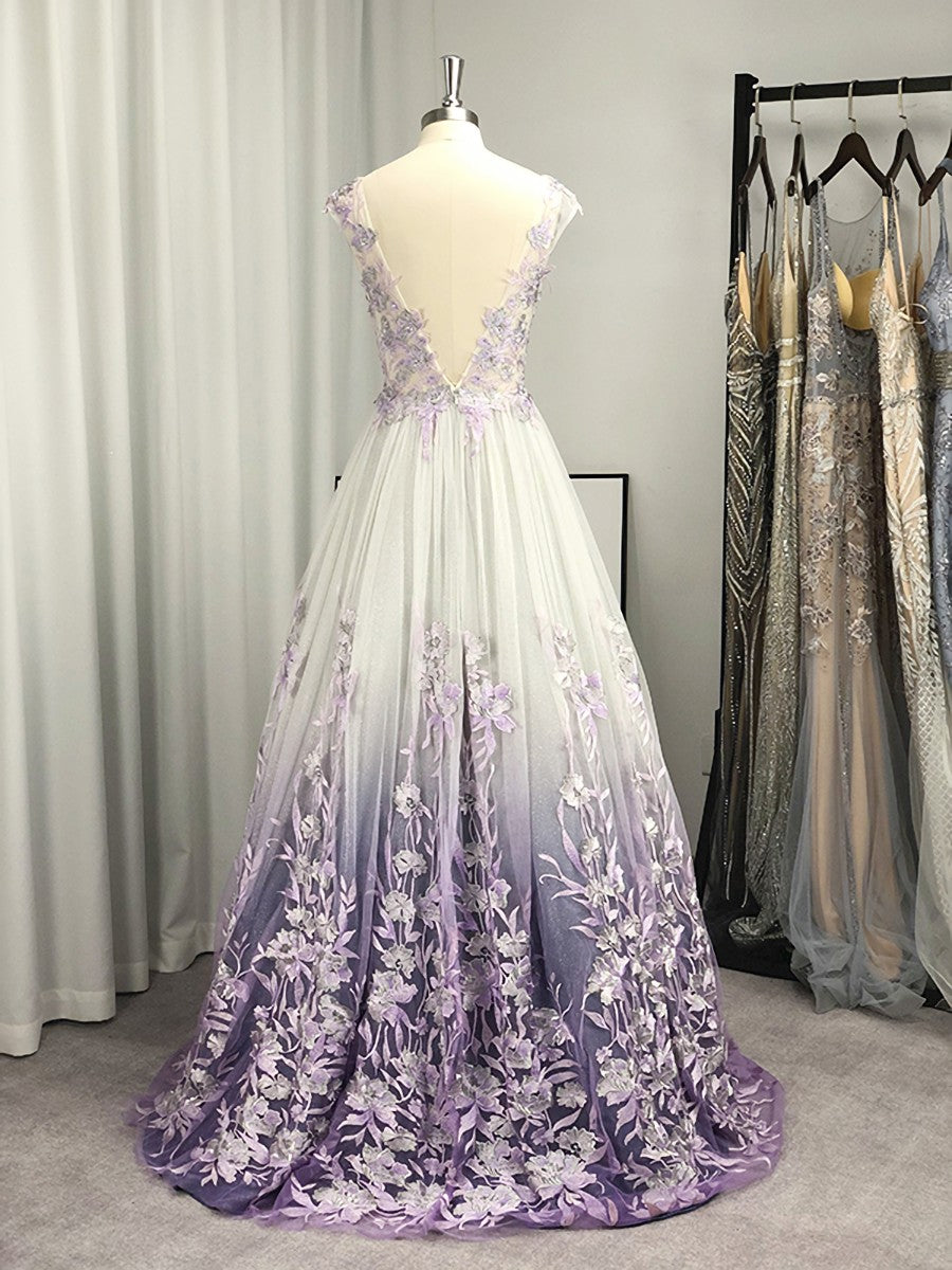Bridesmaid Dress Colorful, A-line V-neck Appliques Lace Floor-Length Tulle Dress