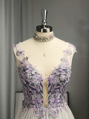 Bridesmaids Dress Colors, A-line V-neck Appliques Lace Floor-Length Tulle Dress
