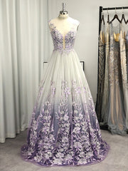 Bridesmaids Dresses Color, A-line V-neck Appliques Lace Floor-Length Tulle Dress