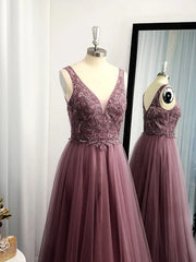 Cocktail Dress, A-line V-neck Appliques Lace Floor-Length Tulle Dress