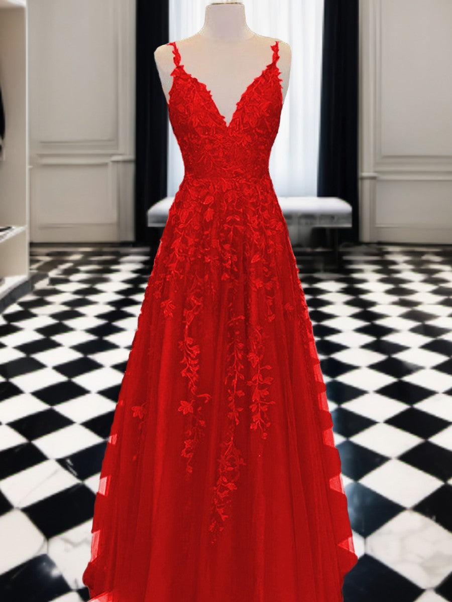 Prom Dresses, A-line V-neck Appliques Lace Floor-Length Tulle Dress