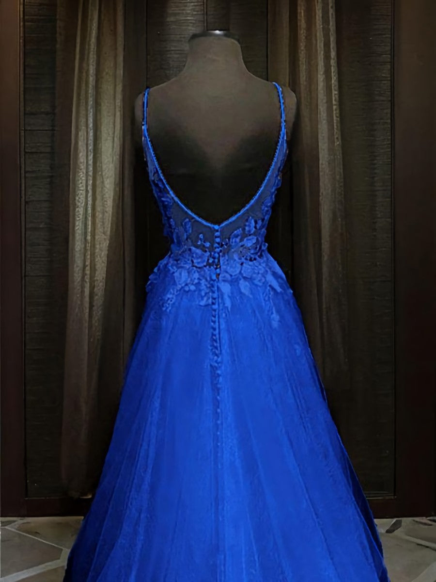 Summer Dress, A-line V-neck Appliques Lace Sweep Train Tulle Dress