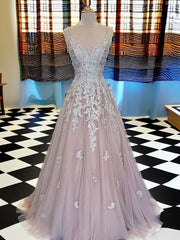 Prom Dresses Blue Lace, A-line V-neck Appliques Lace Floor-Length Tulle Dress