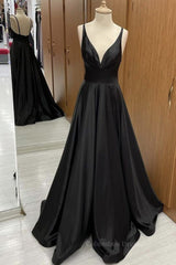 Prom Dresses Pattern, A Line V Neck Backless Black Long Prom Dresses, V Neck Black Formal Dresses, Backless Black Evening Dresses