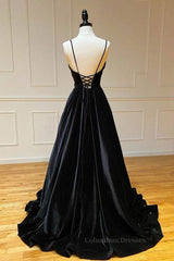Evening Dresses Unique, A Line V Neck Backless Black Velvet Long Prom Dresses, V Neck Black Formal Dresses, Black Velvet Evening Dresses