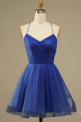 Bridesmaid Dress Blush, A Line V Neck Backless Blue Tulle Prom Dress, Backless Blue Homecoming Dress, Short Blue Formal Evening Dress