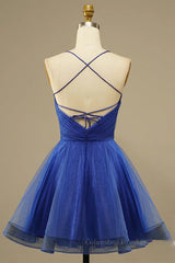 Bridesmaids Dress Champagne, A Line V Neck Backless Blue Tulle Prom Dress, Backless Blue Homecoming Dress, Short Blue Formal Evening Dress