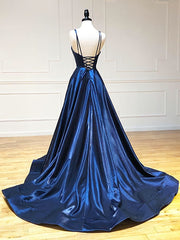Modest Dress, A Line V Neck Backless Dark Navy Blue Prom Dresses, Open Back Navy Blue Formal Evening Dresses