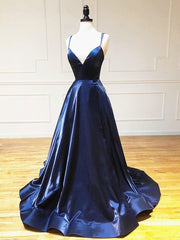 Dressy Outfit, A Line V Neck Backless Dark Navy Blue Prom Dresses, Open Back Navy Blue Formal Evening Dresses