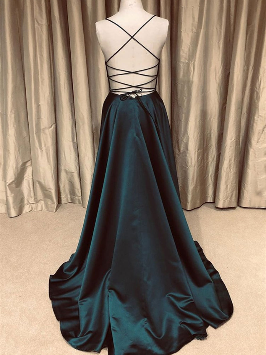 Evening Dresses And Gowns, A Line V Neck Backless Long Prom Dresses Simple Dark Green Formal Evening Gowns