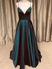 Evening Dresses Prom, A Line V Neck Backless Long Prom Dresses Simple Dark Green Formal Evening Gowns
