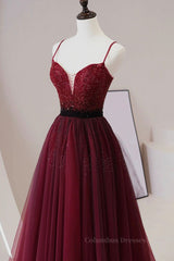 Mermaid Dress, A Line V Neck Beaded Burgundy Tulle Long Prom Dress, Beaded Burgundy Formal Graduation Evening Dress