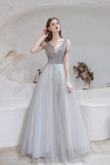 Prom Dress Fairy, A Line V-Neck Beaded Floor Length Prom Dresses With Short Sleeves