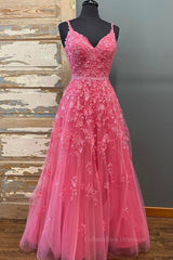 Bridesmaids Dress Colors, A Line V Neck Beaded Hot Pink Lace Long Prom Dress, Hot Pink Lace Formal Graduation Evening Dress
