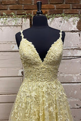 Bridesmaid Dresses 3 36 Length, A Line V Neck Beaded Yellow Lace Tulle Long Prom Dress, Yellow Lace Formal Dress, Beaded Yellow Evening Dress