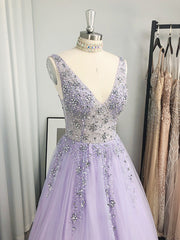 Bridesmaid Dresses Fall, A-line V-neck Beading Floor-Length Tulle Dress