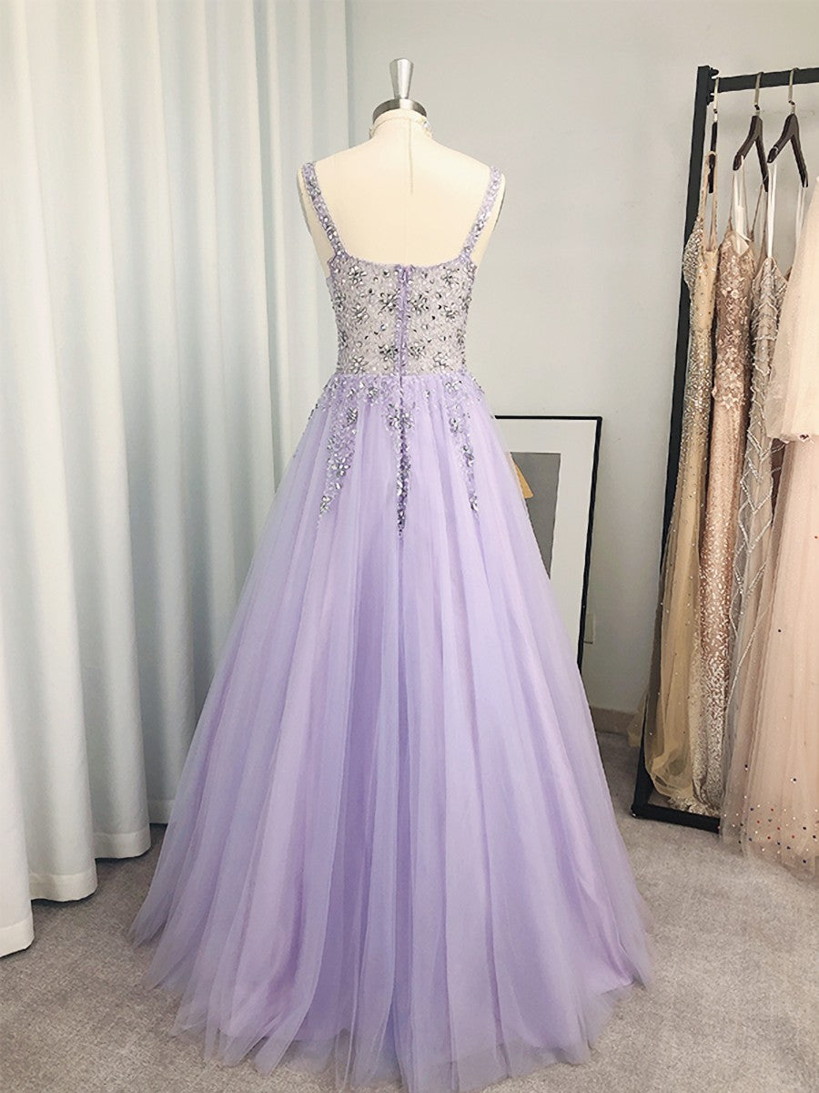 Bridesmaid Dresses Pink, A-line V-neck Beading Floor-Length Tulle Dress