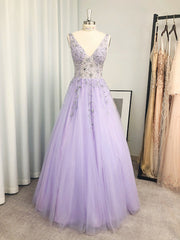 Bridesmaid Dresses Online, A-line V-neck Beading Floor-Length Tulle Dress